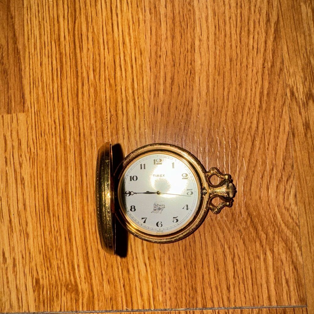 Vintage Timex Gold Tone Train Design Manual Wind Up Pocket Watch (RUNS)