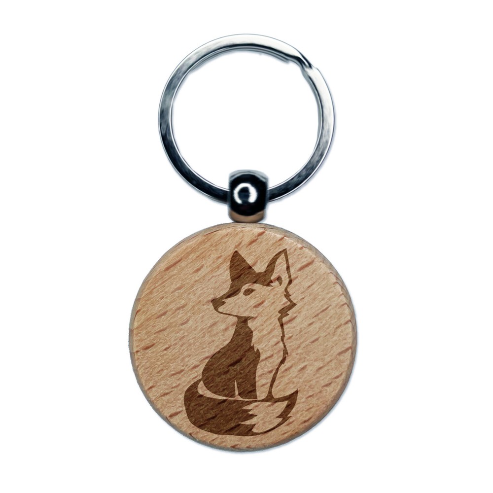 Curious Fox Engraved Wooden Keychain with Sitting Design  
