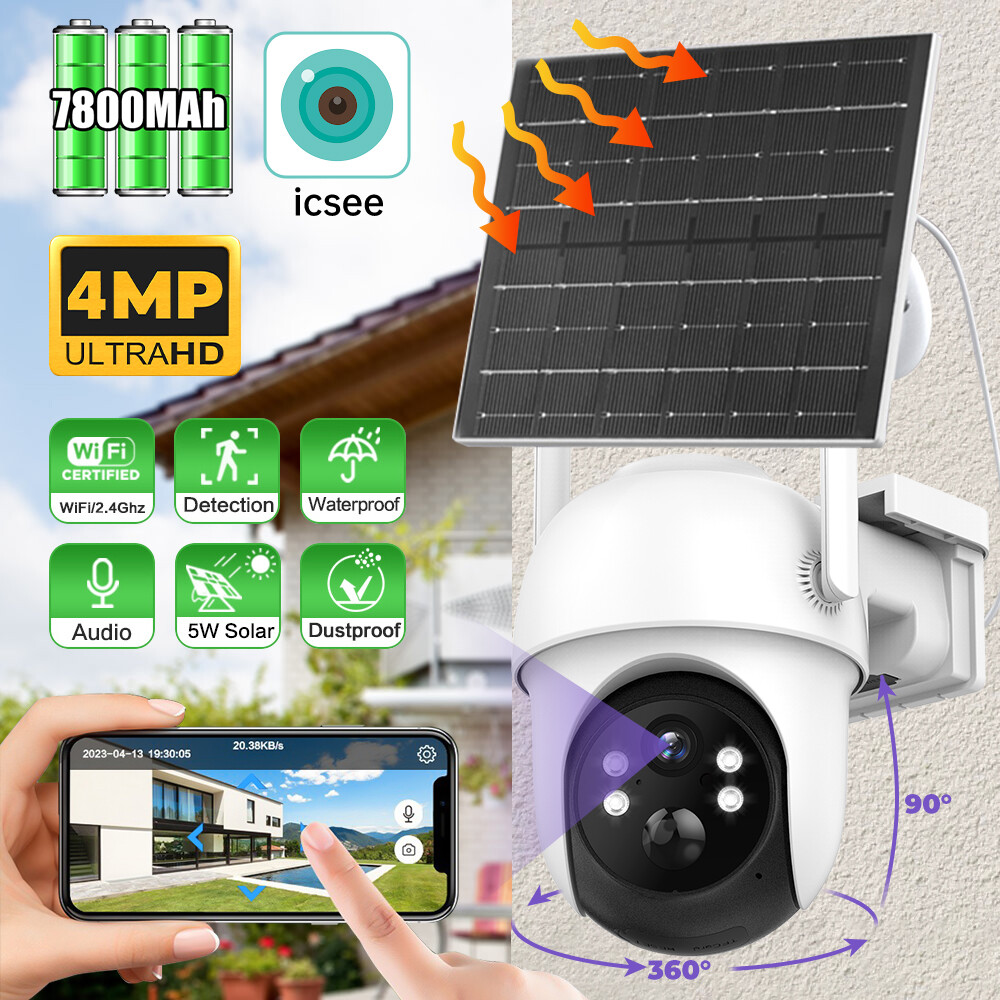 ICsee Solar Powered Wireless WiFi Outdoor Pan/Tilt Home Security Camera System