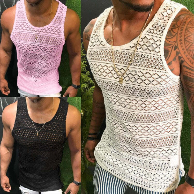 European And American Solid Color Knitted Lace Sleeveless Men's Vest Men Casual