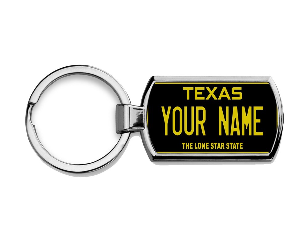 Custom Texas State License Plate Keychain - Personalized Black & Yellow Metal Design  -image