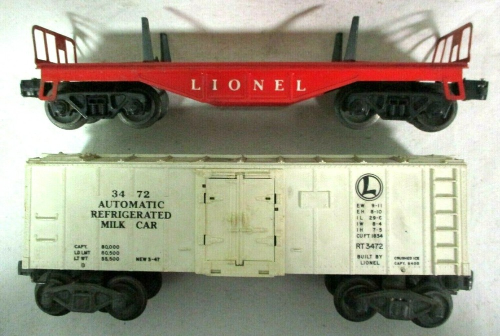Lionel 3472 Automated Milk Reefer & Red Flat Car Model Railway O Scale B2-44-image