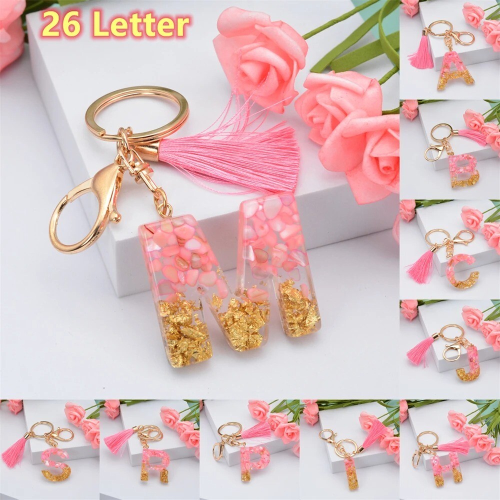 Glitter Sequins A-Z Pink Tassel Keychain Fashion English Letter Keyring