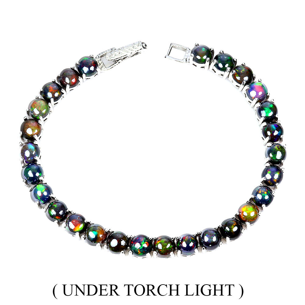 925 Sterling Silver Bracelet Round Black Opal 6mm Natural Gemstone jewelry 7.5in