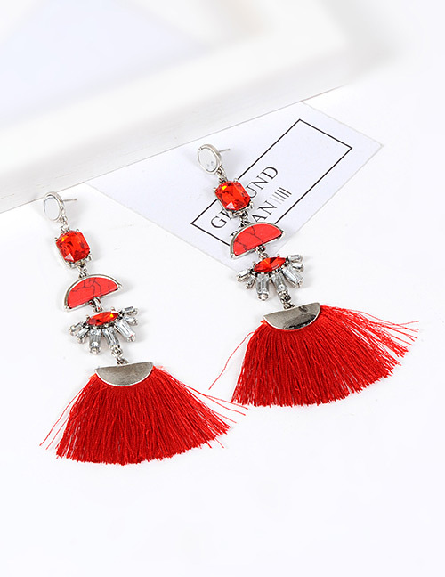 Red Fringe Tassel Chandelier Earrings Silver Fabric Buy 1 Get 2 Free-image