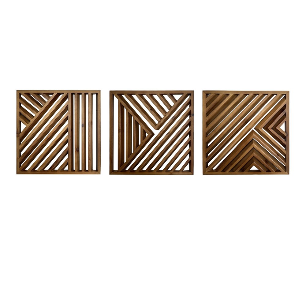 Modern Wooden Slatted Wall Art Set of 3 Geometric Home Decor Sculptures