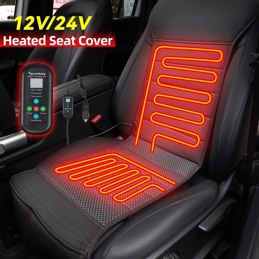 Universal Heated Car Seat Cover Cushion 12V 24V Warmer Heater Winter Pad Black
