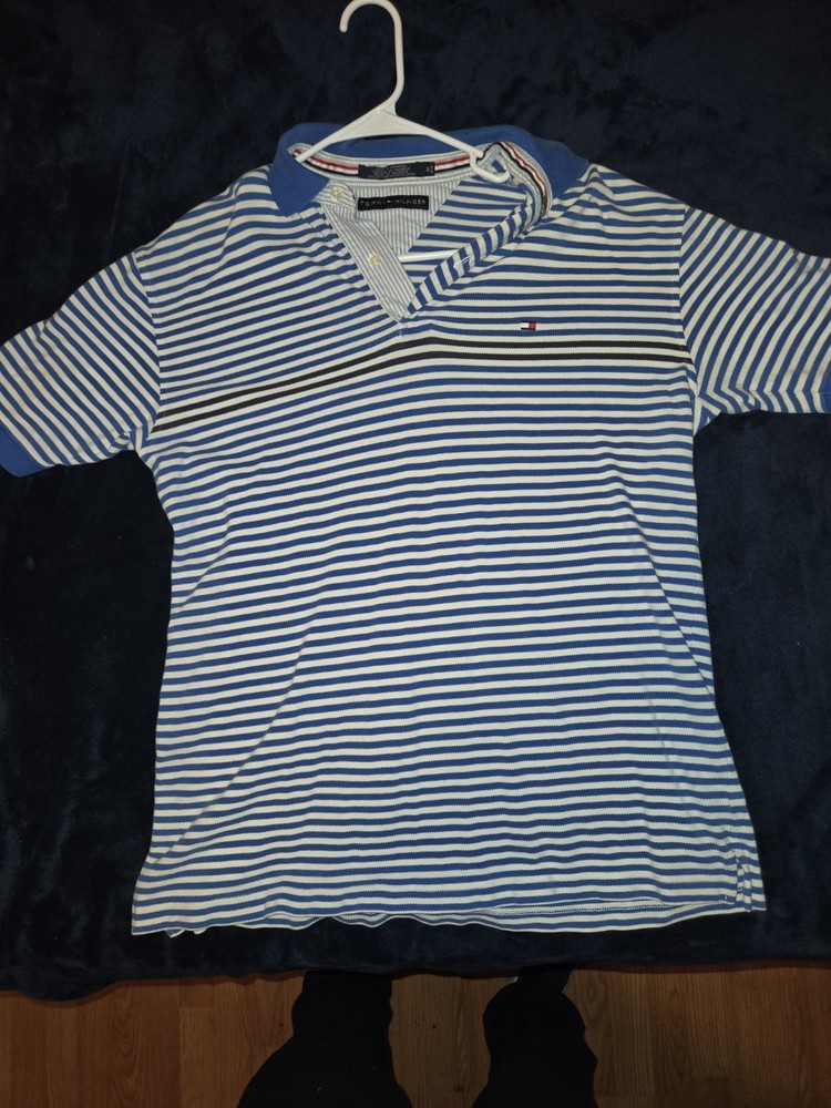 Tommy Hilfiger Medium Blue White Striped Polo Shirt for Men