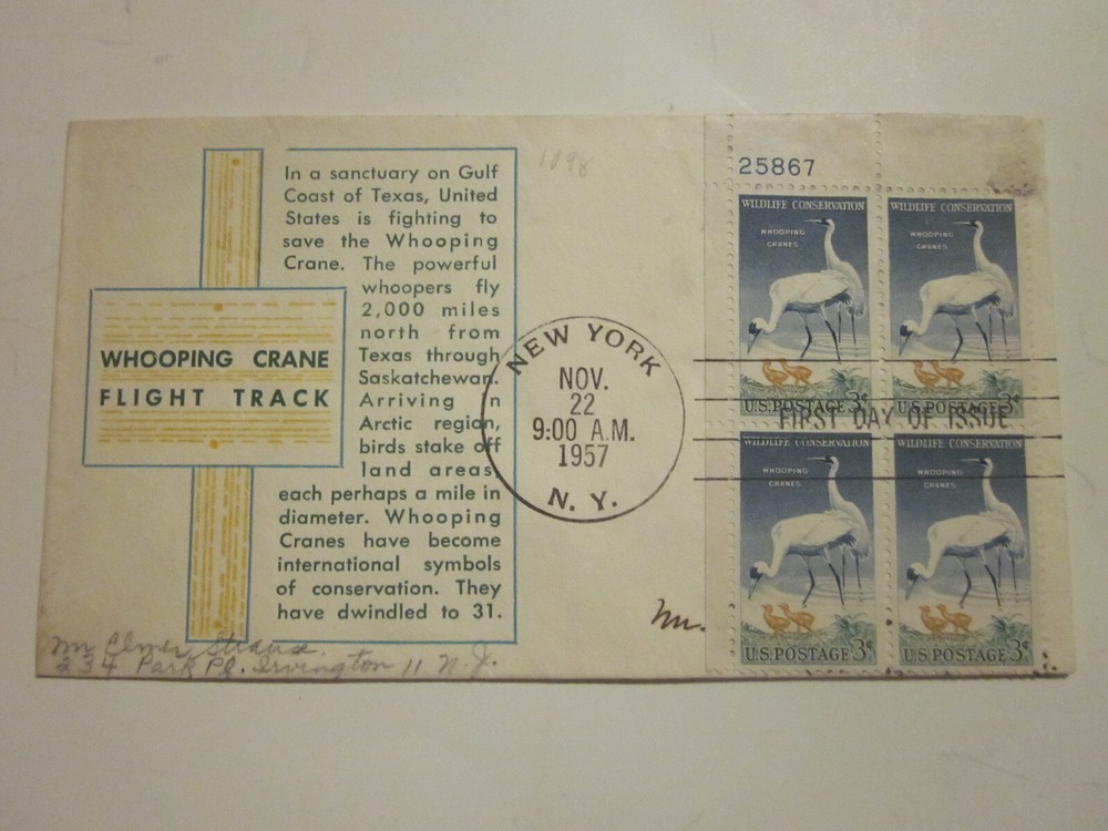Rare US Whooping Crane FDC Scott 1098 Plate Block 25867 with Flight Cachet