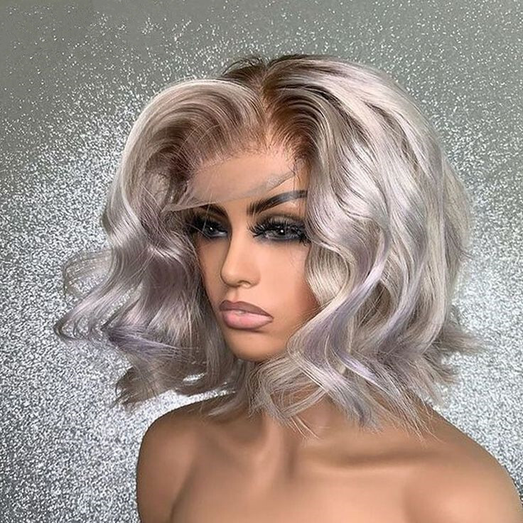 Short Curly Ombre Silvery Grey Brazilian Human Hair Lace Front Wigs Glueless Wig
