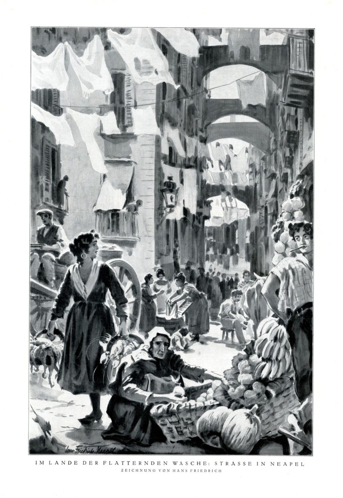 Street in Naples Sicily Italy XL 1927 art print by Hans Friedrich steet life +