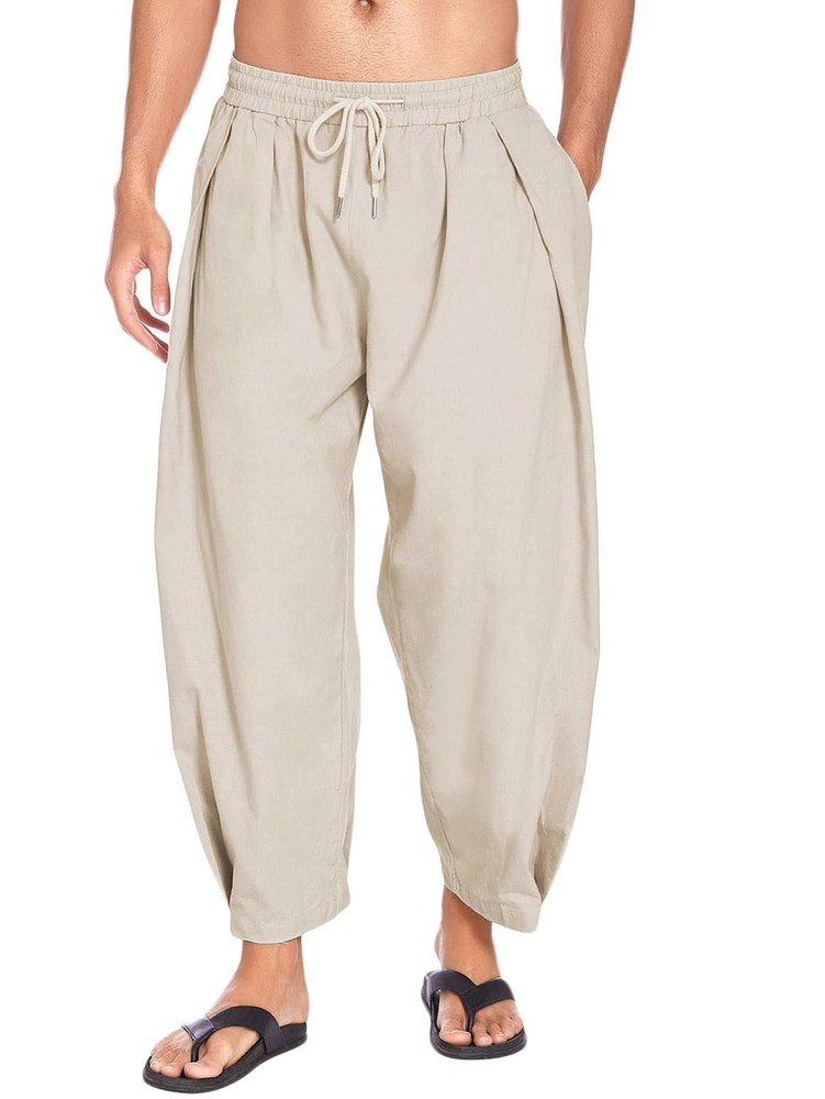 Men's Loose Fit Cropped Harem Pants with Drawstring & Pockets for Beach or Yoga