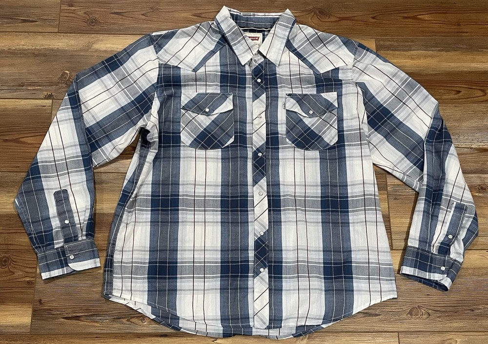 Levi’s Red Tab Shirt Mens XL Regular Long Sleeve Pearl Snap Blue White Plaid
