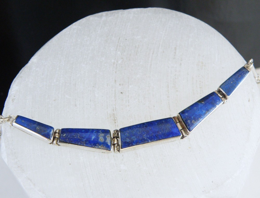Vintage Sterling Silver 925 Lapis Inlaid Choker Necklace 18
