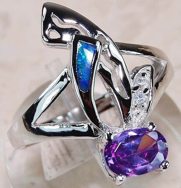 1CT Amethyst & Australian Opal Inlay 925 Sterling Silver Ring Size 6 BA2
