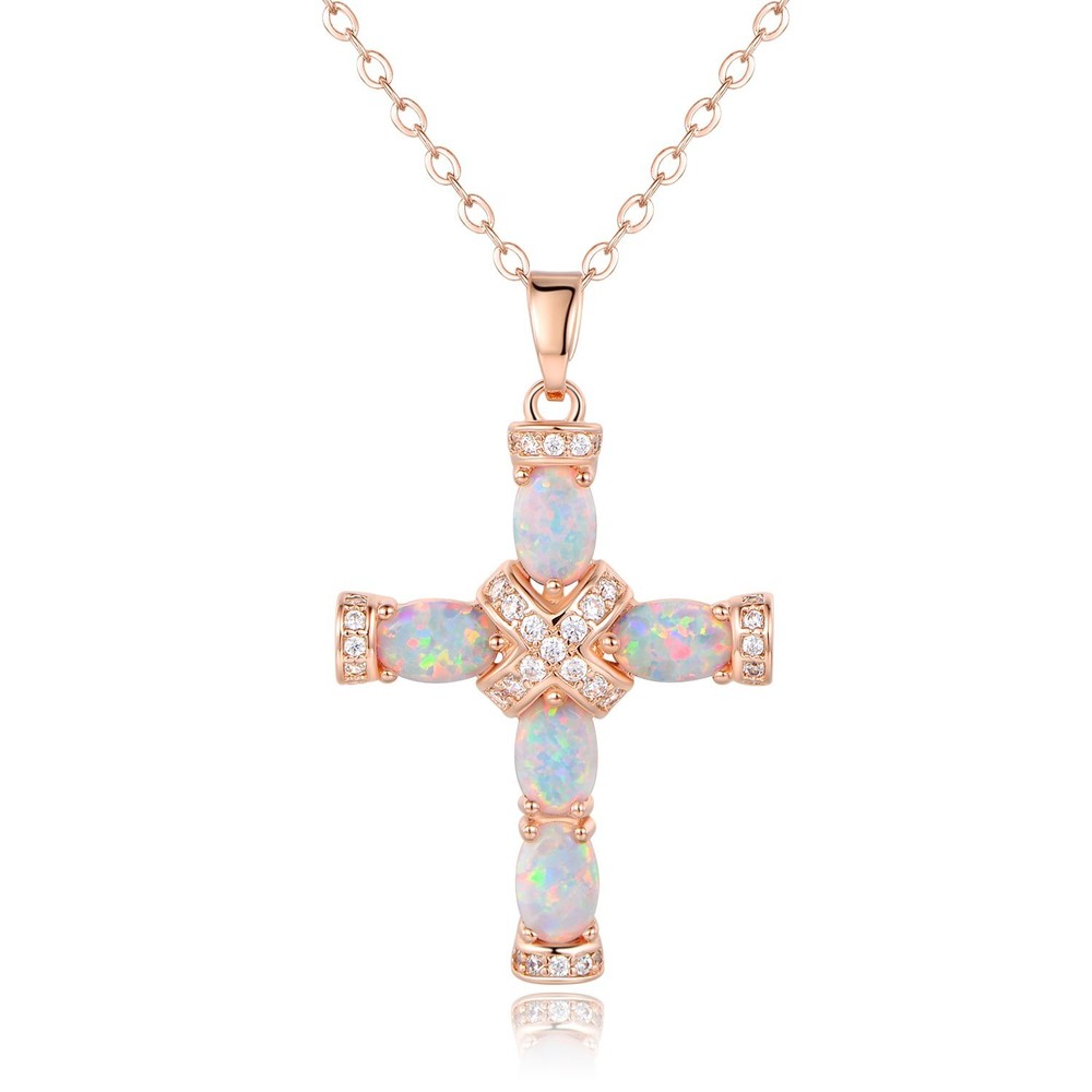 18K Rose Gold Plated Opal Cross Pendant Necklace 18 Inch Chain