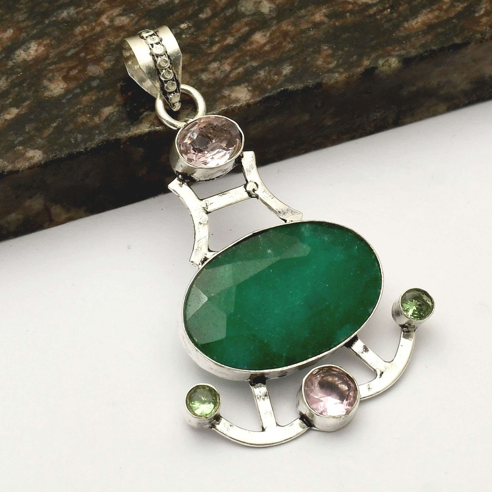 Simulated Emerald Peridot Gemstone Handmade Ethnic Pendant Jewelry 2.8 Inches AP-43253