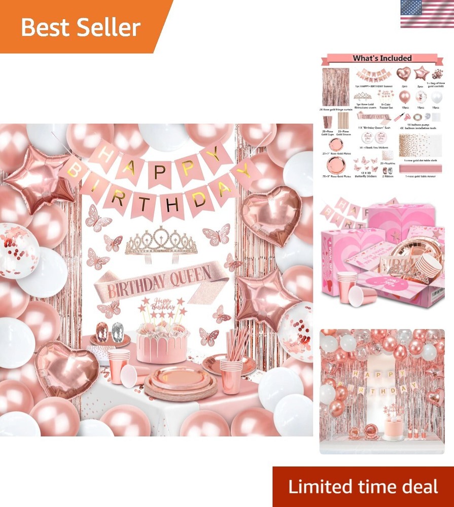 253-Piece Rose Gold Birthday Decorations for Women – Happy Birthday Party Supplies  
