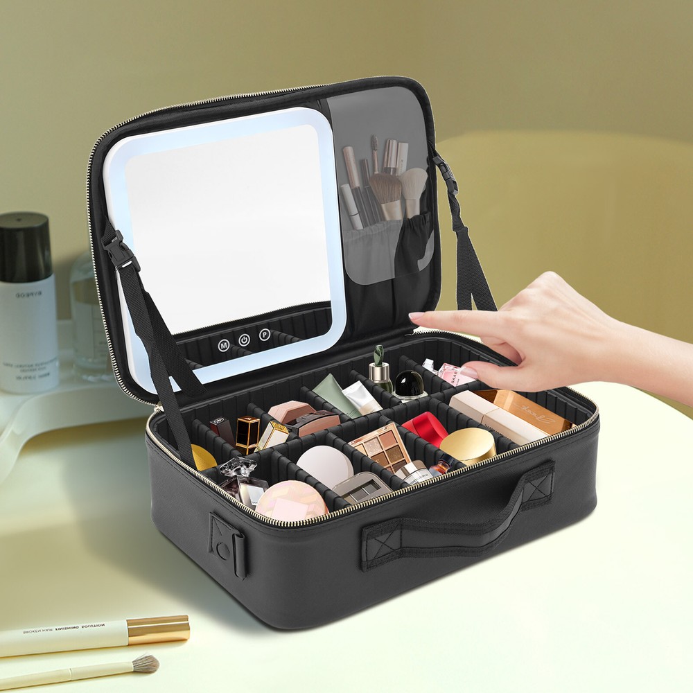 Makeup Bag with Mirror w/ Lights Settings Cosmetic Bag,Travel Makeup Train Case
