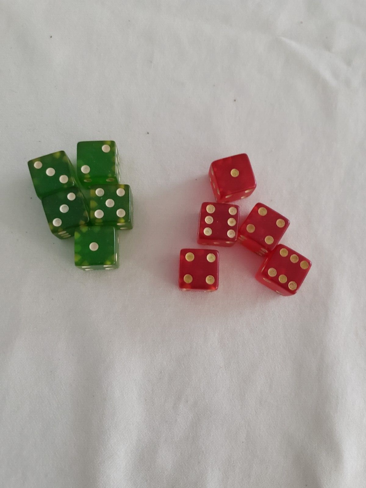 Vintage Lot Of 10 Dice - Green, Red For Board Games - 5 of Each Color