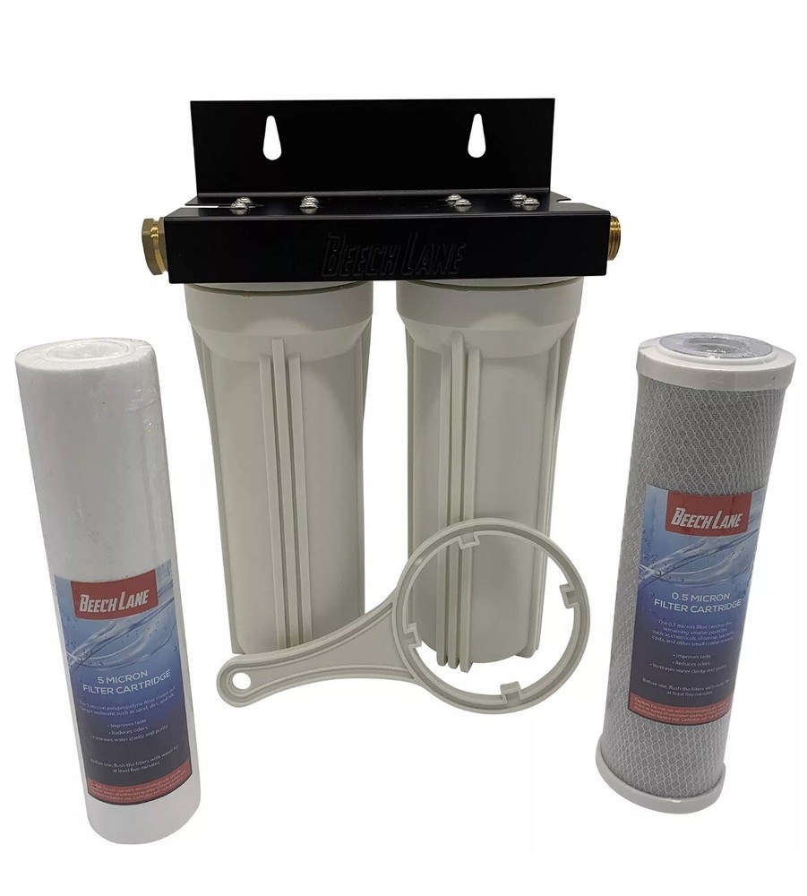 External RV Dual Water Filter System, Leak-Free Brass Fittings, Mounting Brac...