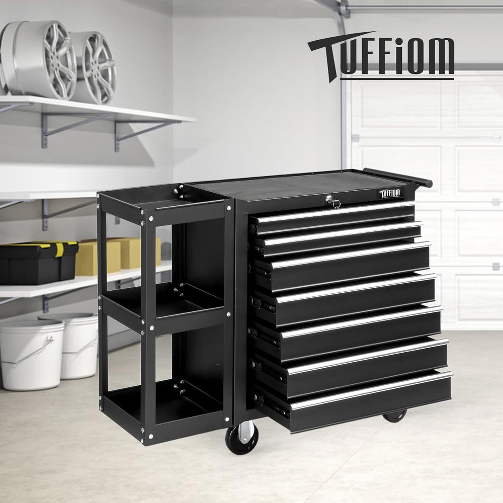 7-Drawer Rolling Tool Chest with Tool Storage Side Cabinet & Drawer Liners Black