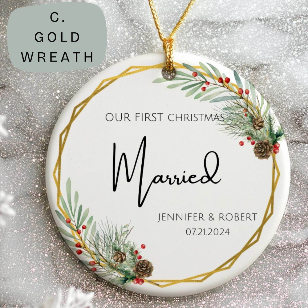 Custom Ceramic First Christmas Married Ornament for Newlywed Couples