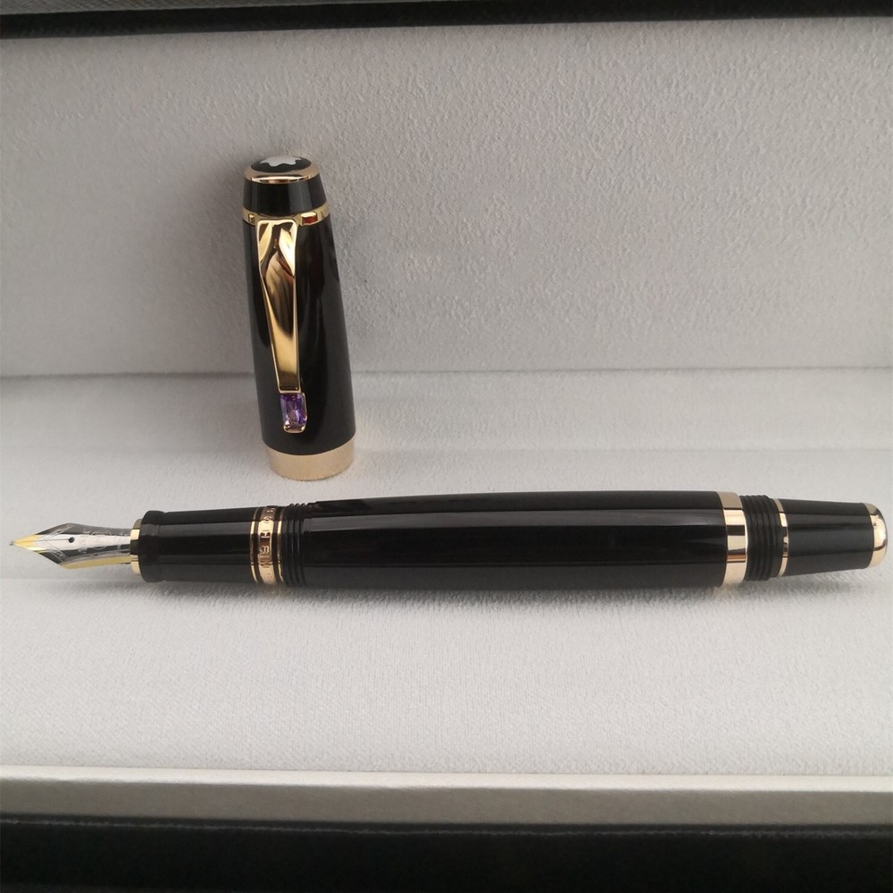 Deluxe Bohemian Resin Series Bright Black-Gold Clip M nib Fountain Pen No Box