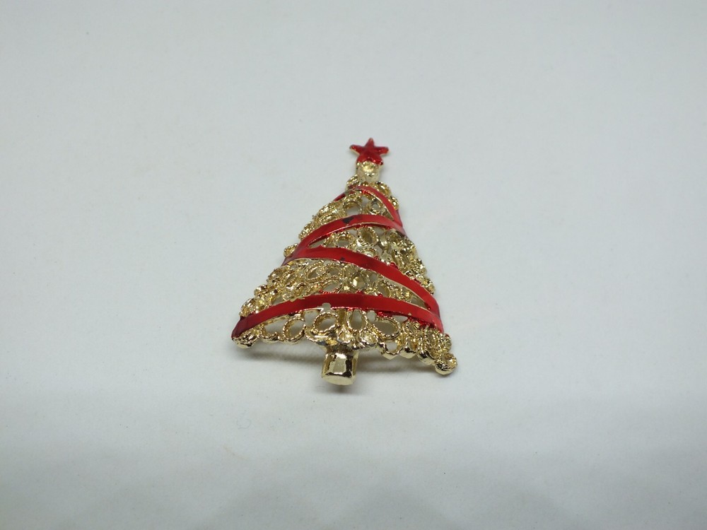 Gold Tone Christmas Tree Brooch with Red Enamel 2x1.5 Inch