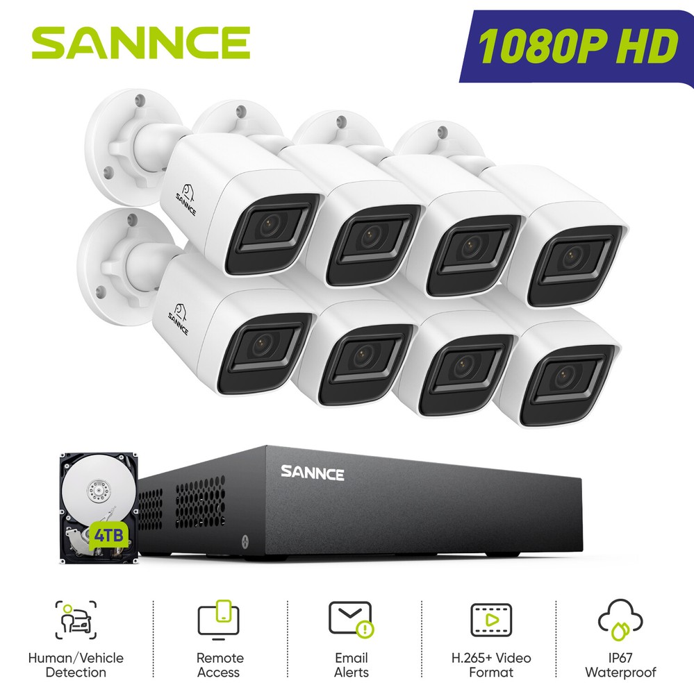 SANNCE 8CH DVR 1080P Video Security Camera System CCTV Outdoor AI Human Detect