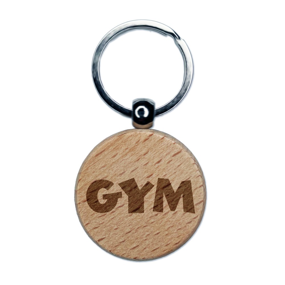 Gym Text Engraved Wood Round Keychain Tag Charm