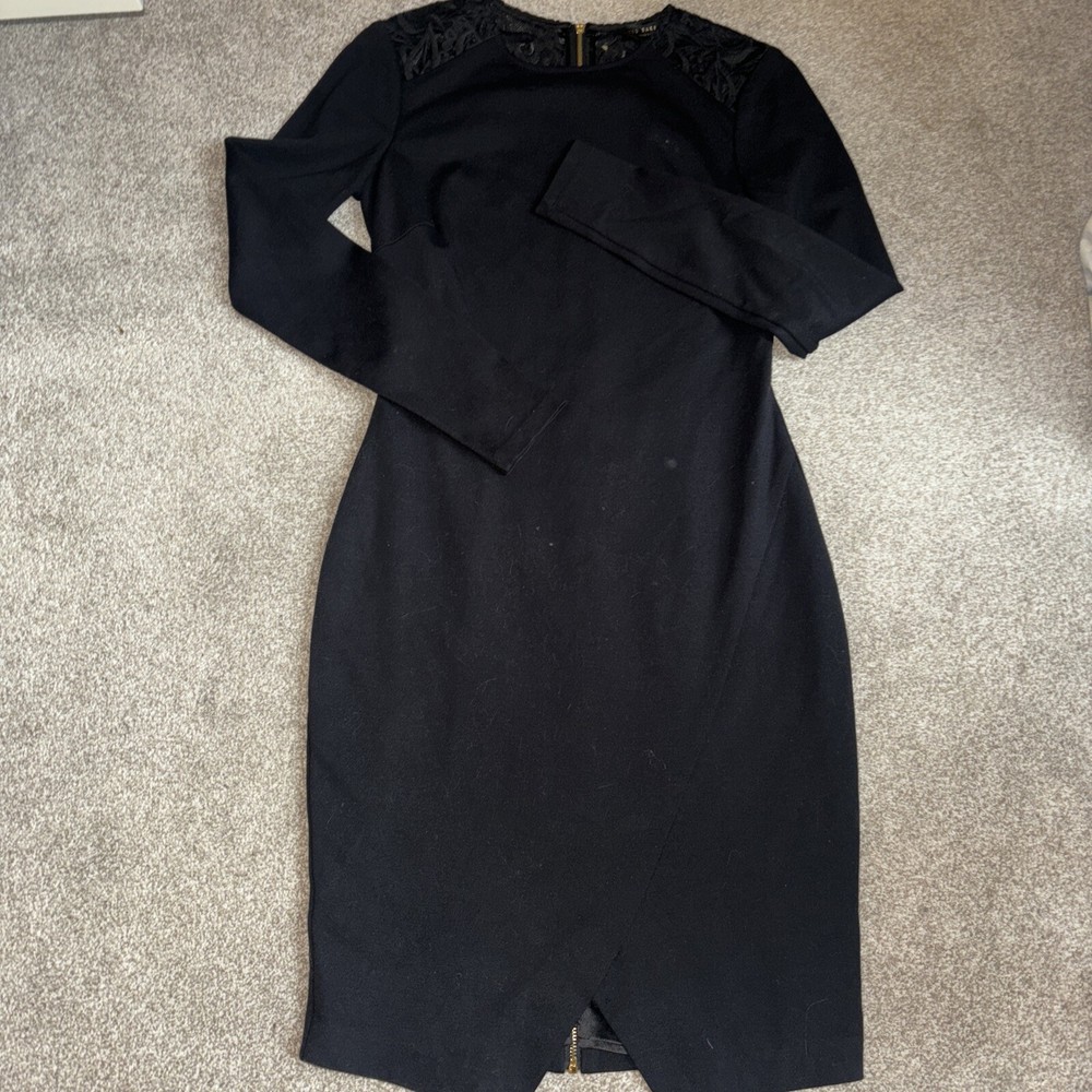 Ladies  stunning Ted Baker black fitted midi Dress. Brocade Back, Size 1, UK 8