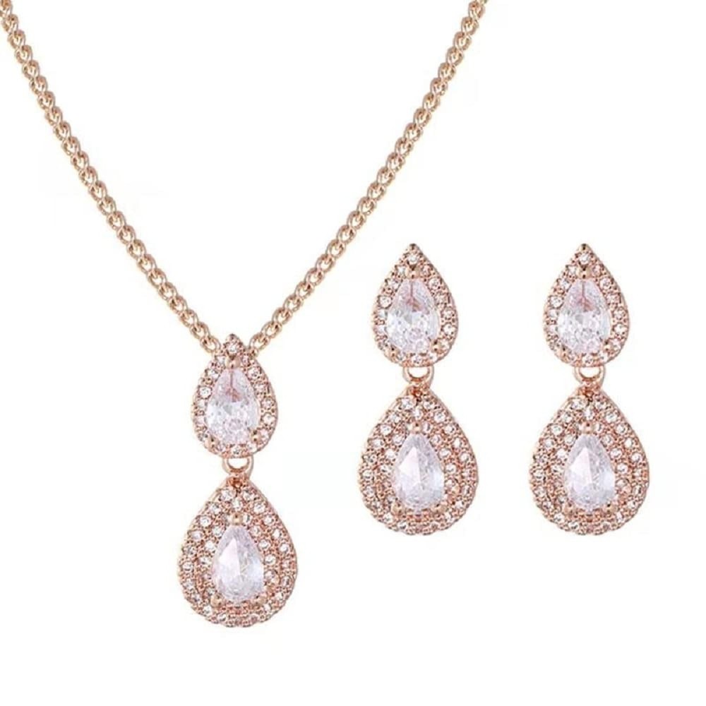 Zirconia Teardrop Earrings Oval-Cut Halo Bridal Jewelry Set with Bold Design