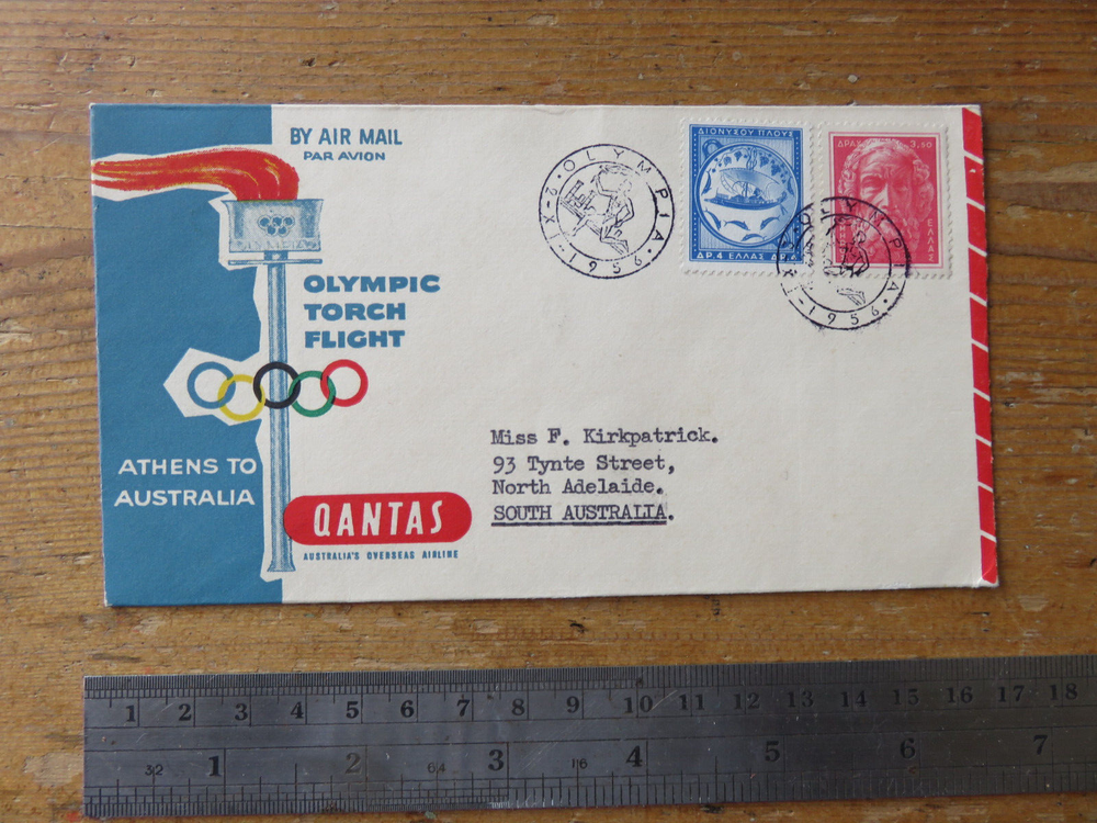 AUSTRALIAN 1956 OLYMPIC GAMES SOUVENIR STAMPS QANTAS TORCH FLIGHT  LETTER