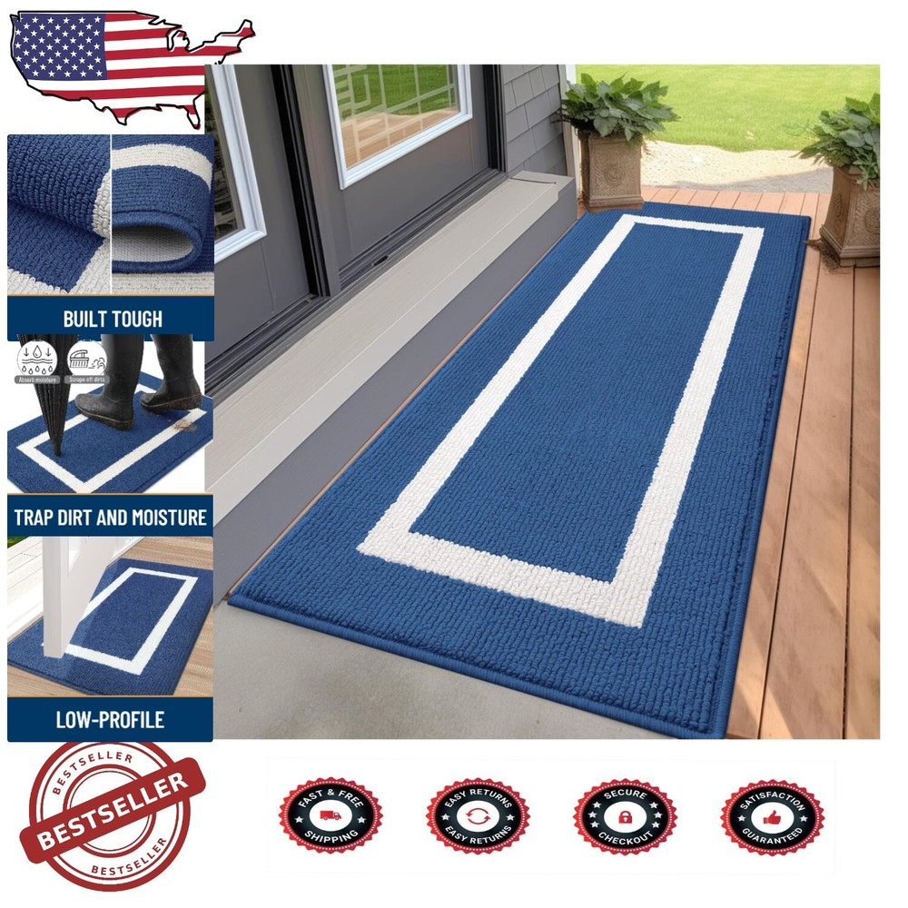 Navy Washable Entry Mat 59x20 - Non-Slip & Geometric Design for Modern Homes