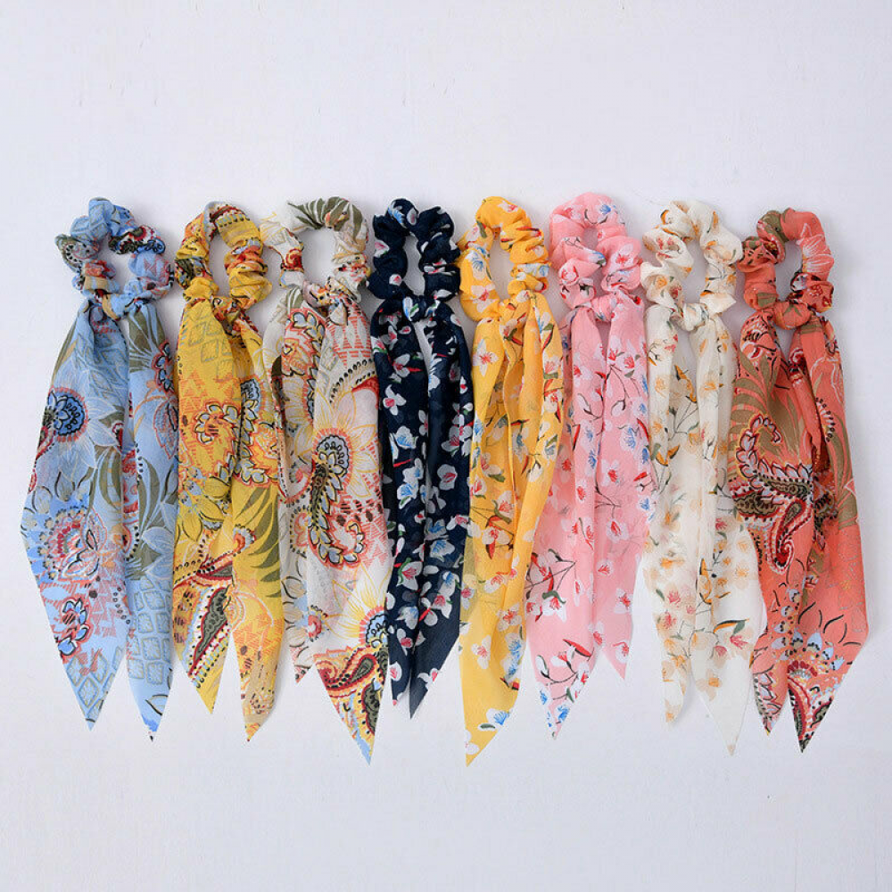 Boho Floral Hair Bow Ponytail Elastic Ribbon Scrunchie Scarf Tie