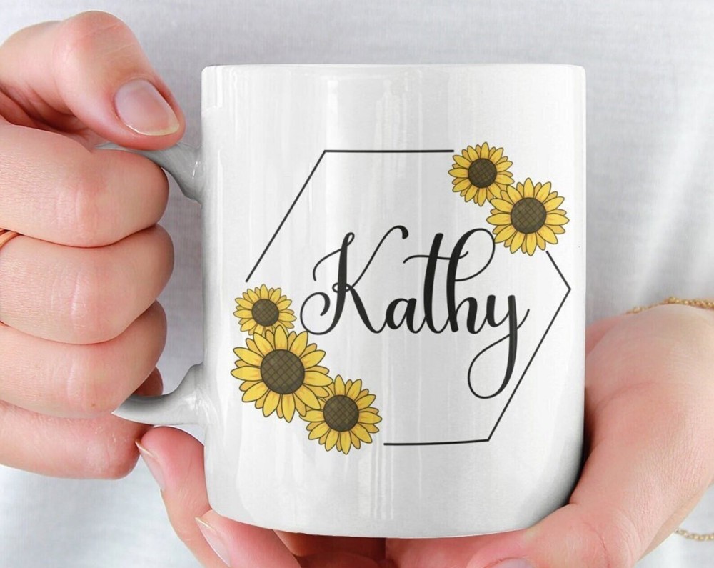 Custom White Ceramic Coffee Mug with Yellow Flowers & Personalization  -image