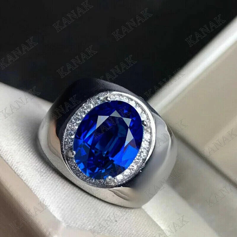 Men's 925 Sterling Silver 2.5CT Oval Blue Sapphire Lab-Created Ring