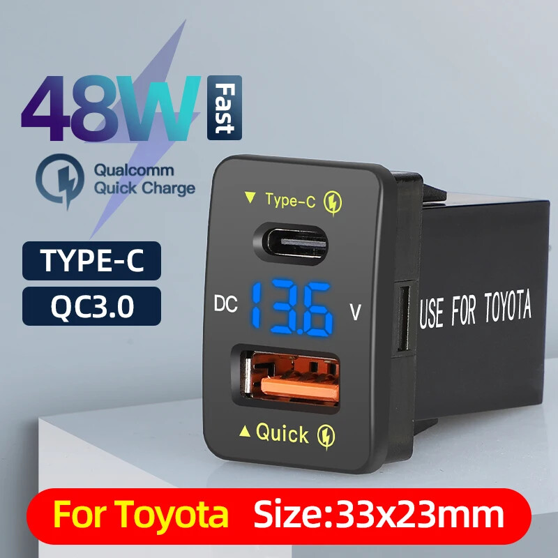 48W USB C Car Charger Socket For Toyota Type C PD Fast Charger Voltage Display
