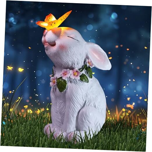 Solar Garden Statue, Unique Rabbit Bunny Outdoor Decor, Large White Rabbit