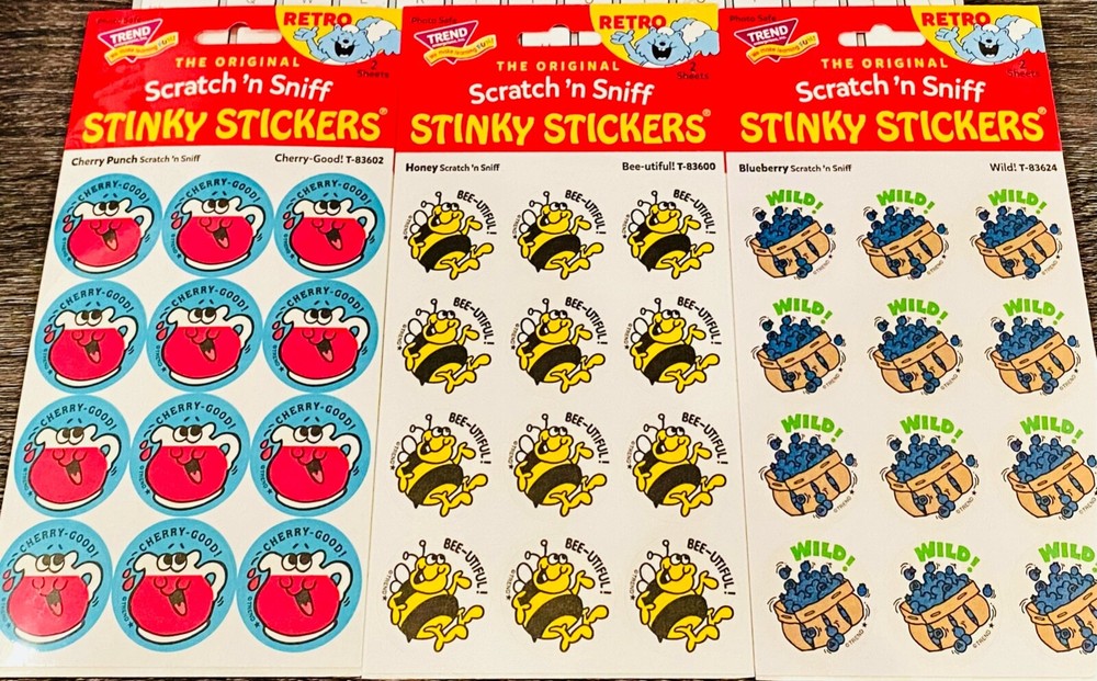 72 TREND Scratch n Sniff RETRO STINKY STICKERS, CHERRY PUNCH + HONEY + BLUEBERRY