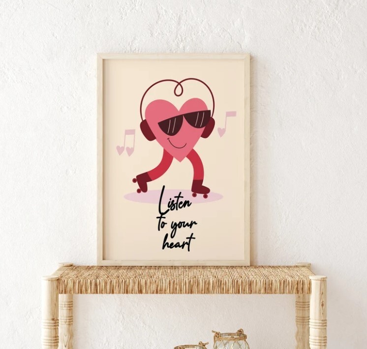 Retro Listen to Your Heart Motivational Poster for Home Office Decor  