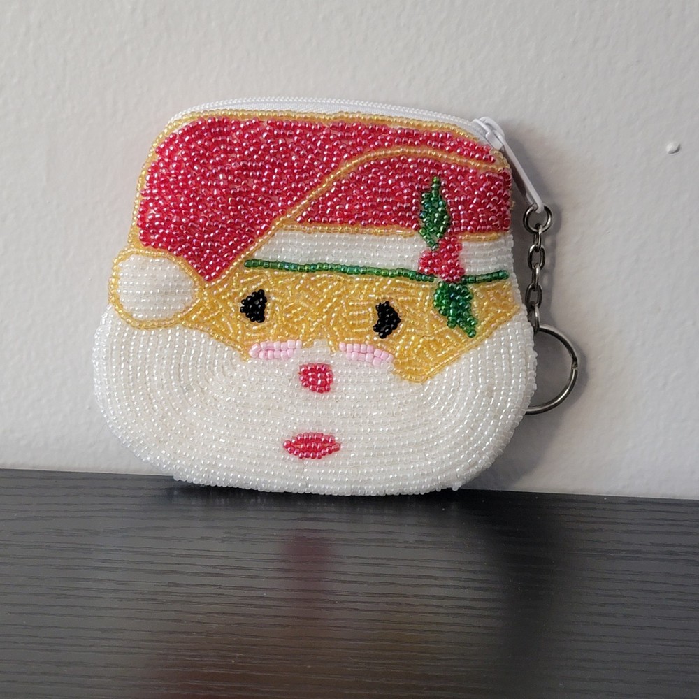 Santa Claus Beaded Christmas Coin Purse with Keychain 4 Inch Holly Design