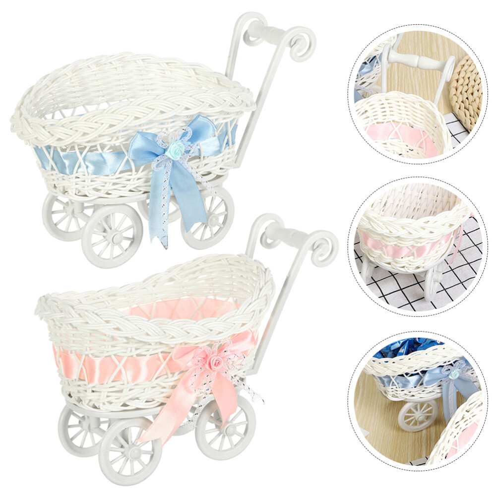 2 Pcs Wicker Stroller Flower Basket Decoration Trolley Child
