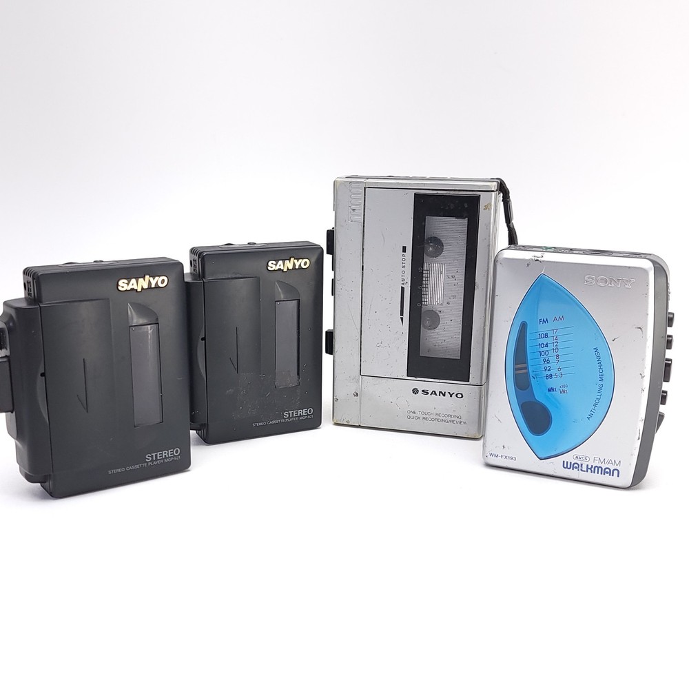 Vintage Lot of 4 Cassette Players for Parts – Walkman, Sanyo, Sony Recorders