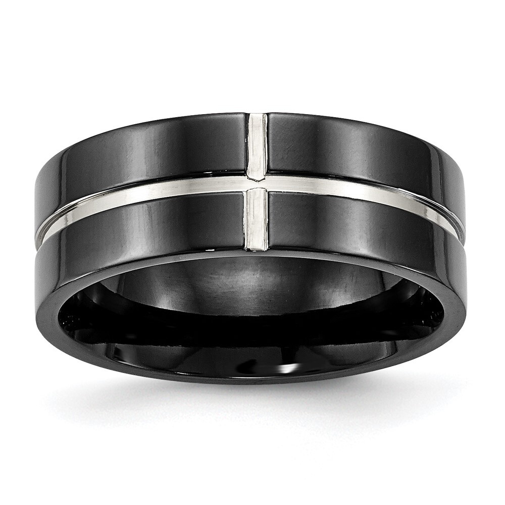 Titanium Polished Black IP-plated 8mm Grooved Comfort Fit Band Ring Size 8