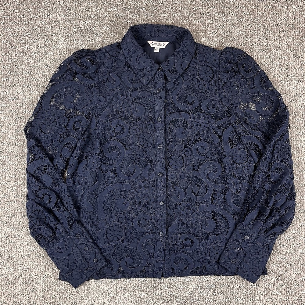 Nanette Lepore Blouse Top Women Medium Long Sleeve Button Lace Classic Navy Blue