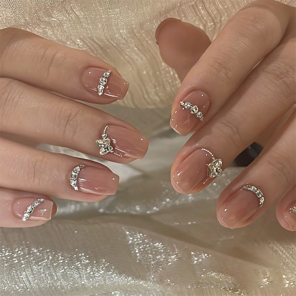 Broken Diamond Short Coffin Press On Nails Glossy Nude 24pcs