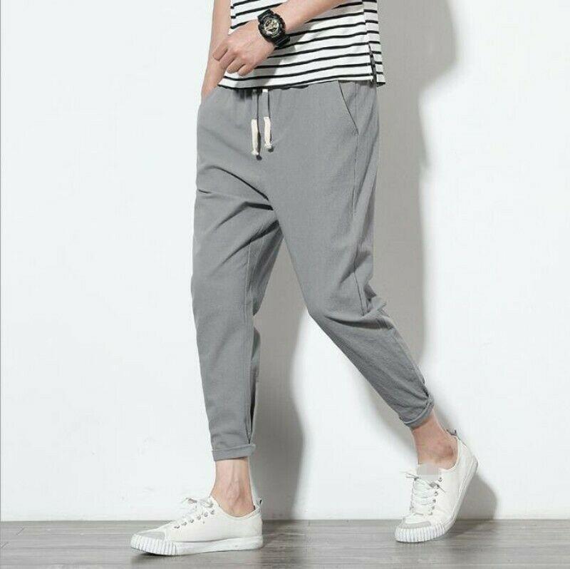 Men's Linen Harem Pants Cropped Elastic waist Summer Casual Plain Trousers