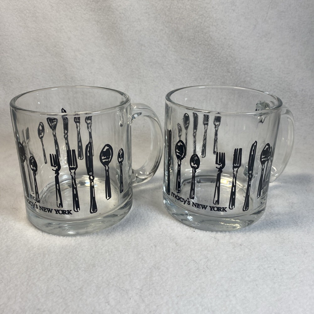 Vintage Macy's MCM Silverware Glass Coffee Mug Set of 2